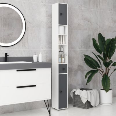 Meuble colonne salle de bain 2 portes 2 étagères 4 niches tiroir poignées métal noir gris
