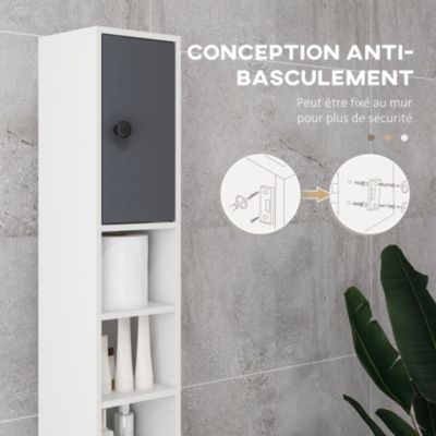 Meuble colonne salle de bain 2 portes 2 étagères 4 niches tiroir poignées métal noir gris