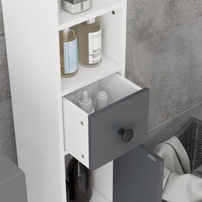Meuble colonne salle de bain 2 portes 2 étagères 4 niches tiroir poignées métal noir gris