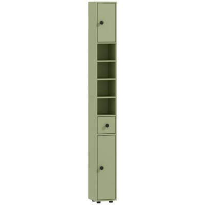 Meuble colonne salle de bain 2 portes 2 étagères 4 niches tiroir poignées métal noir vert