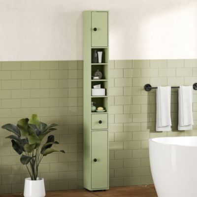 Meuble colonne salle de bain 2 portes 2 étagères 4 niches tiroir poignées métal noir vert