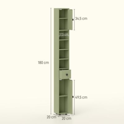 Meuble colonne salle de bain 2 portes 2 étagères 4 niches tiroir poignées métal noir vert
