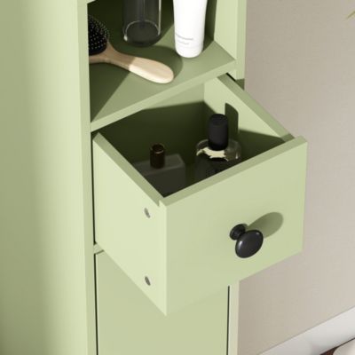 Meuble colonne salle de bain 2 portes 2 étagères 4 niches tiroir poignées métal noir vert