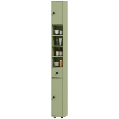 Meuble colonne salle de bain 2 portes 2 étagères 4 niches tiroir poignées métal noir vert