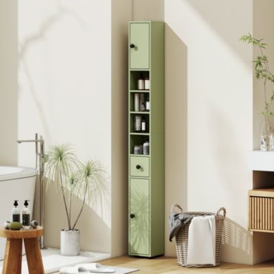 Meuble colonne salle de bain 2 portes 2 étagères 4 niches tiroir poignées métal noir vert