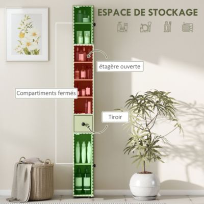 Meuble colonne salle de bain 2 portes 2 étagères 4 niches tiroir poignées métal noir vert