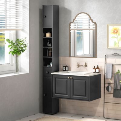 Meuble colonne salle de bain 2 portes 2 étagères 4 niches tiroir poignées métal noir