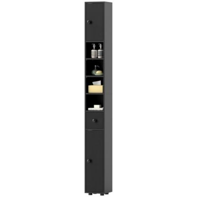 Meuble colonne salle de bain 2 portes 2 étagères 4 niches tiroir poignées métal noir