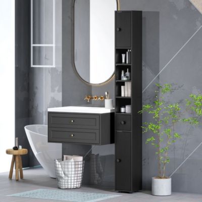Meuble colonne salle de bain 2 portes 2 étagères 4 niches tiroir poignées métal noir