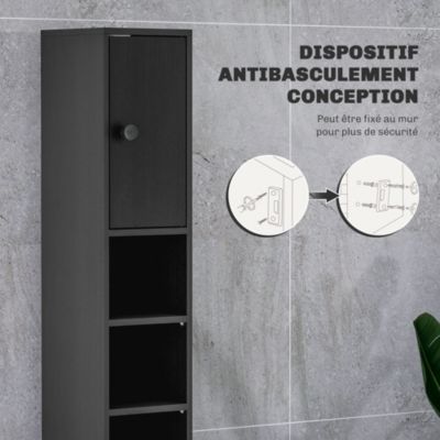 Meuble colonne salle de bain 2 portes 2 étagères 4 niches tiroir poignées métal noir