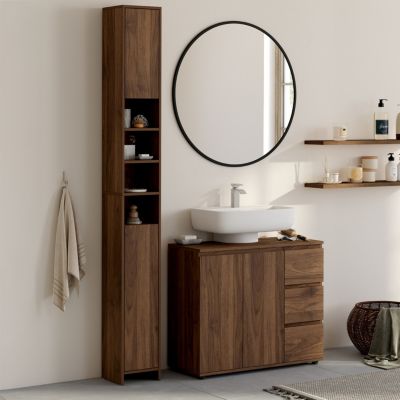 Meuble colonne salle de bain TOMI 2 portes 4 niches effet noyer