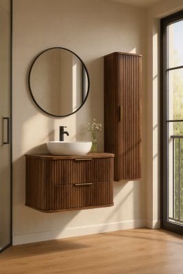 Meuble colonne suspendu de salle de bain GLAMOUR coloris noyer foncé 35 x 139 cm