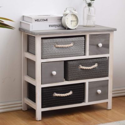 Meuble Commode 6 Tiroir Bois Osier Gris Blanc Country 53x56x27