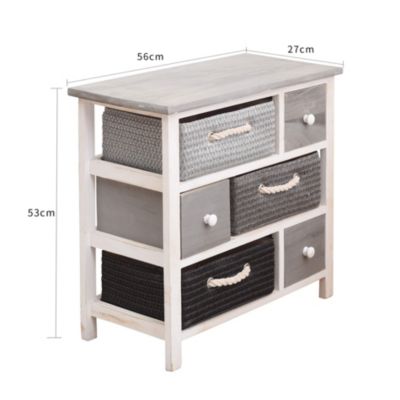 Meuble Commode 6 Tiroir Bois Osier Gris Blanc Country 53x56x27