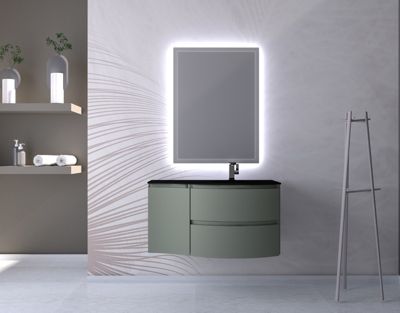 Meuble complément sous vasque l.34 cm, vert kaki mat, version gauche, Vague