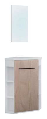 Meuble d’angle tout en un compact H.84 x l.46 cm, blanc mat, porte décor bois, Nova