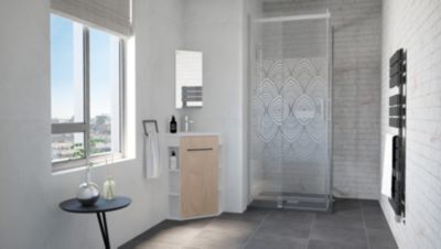 Meuble d’angle tout en un compact H.84 x l.46 cm, blanc mat, porte décor bois, Nova
