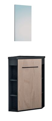 Meuble d’angle tout en un compact H.84 x l.46 cm, noir mat, porte décor bois, Nova