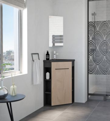 Meuble d’angle tout en un compact l.46 x H.84 cm noir mat et porte effet bois, Ondee Nova