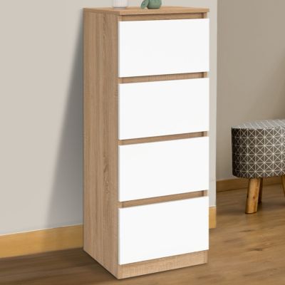 Meuble d'appoint 4 tiroirs TOMI 30 cm chiffonnier bois façon hêtre et blanc pour entrée salle de bain