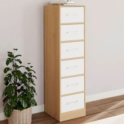 Meuble d'appoint 6 tiroirs UPPAH 30x30x110 cm chiffonnier pour entrée salle de bain bois façon hêtre et blanc