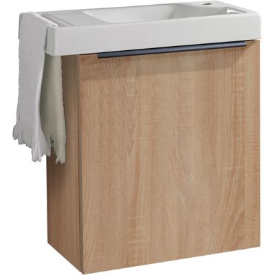 Meuble décor chêne oak Solo avec lave-mains et porte serviette intégré pour Robinet à droite - poignée noire
