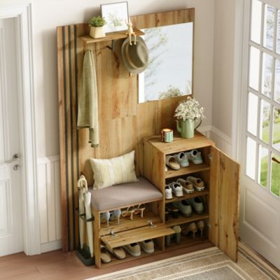 Meuble d'entrée - Armoire Penderie d'entrée avec Miroir, Banc et Porte-Manteaux - Porte-Parapluie Inclus - Naturel - 115x185x37 cm