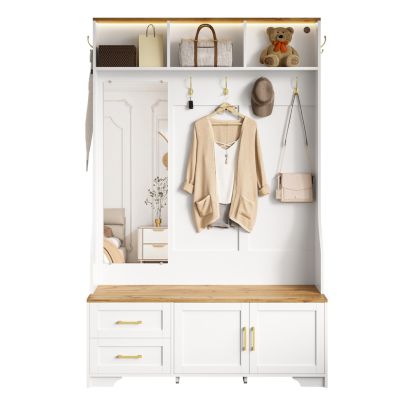 Meuble D'entrée Avec LED Et Miroir - Rangement Chaussures, Banc, Tiroirs - Moderne,blanc