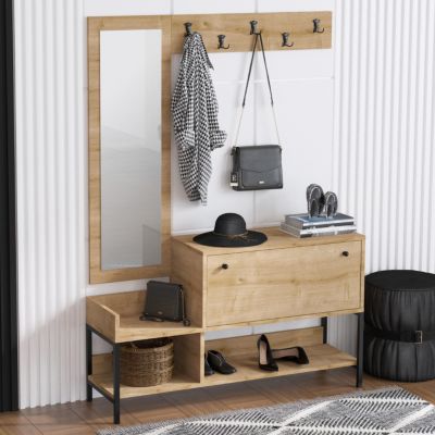 Meuble à Chaussures Avec Banc, Porte-manteau Et Miroir - 105 X 40 X 190 5 Cm Mdf Et Panneau De Particules Blanc Et Bois