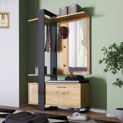 Meuble d'entrée avec rangements et miroir décor bois et noir - KUBE