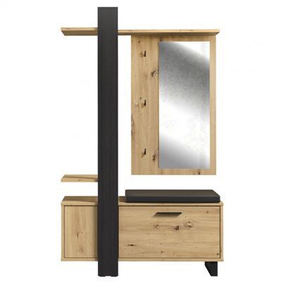 Meuble d'entrée avec rangements et miroir décor bois et noir - KUBE