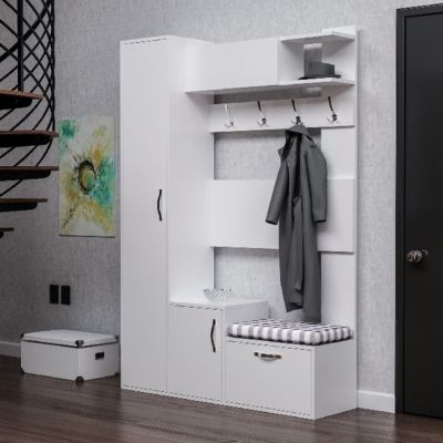 Meuble d'Entrée Seina, Blanc, Panneau d'Aggloméré Mélaminé, 125x35x184 cm, EPIKASA