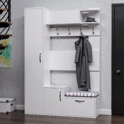 Meuble d'Entrée Seina, Blanc, Panneau d'Aggloméré Mélaminé, 125x35x184 cm, EPIKASA