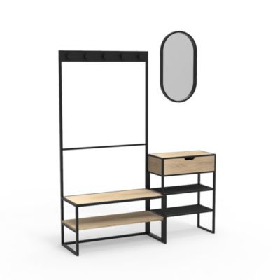 Meuble d'entrée en métal noir et bois 5 patères 2 tablettes et range chaussures l. 150 cm Homesight Oslo