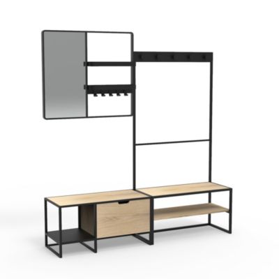 Meuble d'entrée en métal noir et bois 5 patères banc et miroir l. 180 cm Homesight Wilko