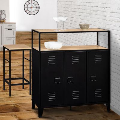 Meuble de bar buffet ESTER 3 portes en métal noir plateau façon hêtre