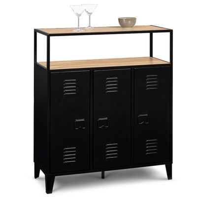 Meuble de bar buffet ESTER 3 portes en métal noir plateau façon hêtre