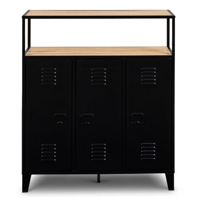 Meuble de bar buffet ESTER 3 portes en métal noir plateau façon hêtre