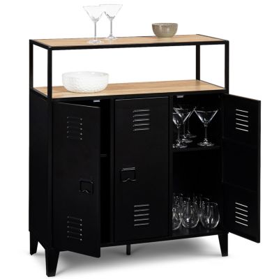 Meuble de bar buffet ESTER 3 portes en métal noir plateau façon hêtre