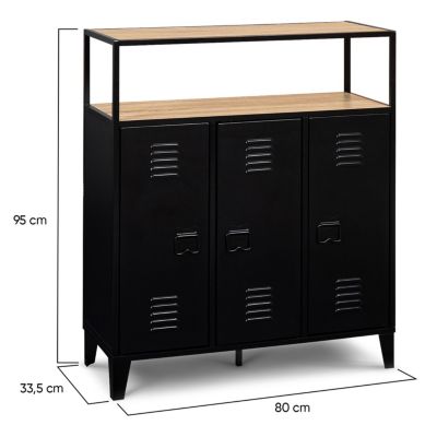 Meuble de bar buffet ESTER 3 portes en métal noir plateau façon hêtre