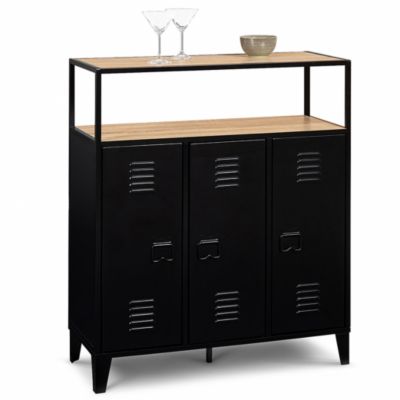 Meuble de bar buffet ESTER 3 portes métal noir et plateau bois façon hêtre