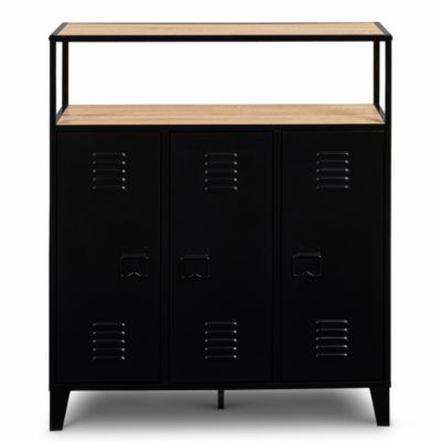 Meuble de bar buffet ESTER 3 portes métal noir et plateau bois façon hêtre