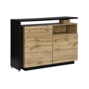 Meuble de bar pivotant avec 2 portes, 1 tiroir et 1 niche en MDF - Naturel et Noir - ELDIR