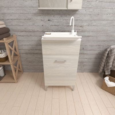 Meuble De Buanderie 45Cm Avec 1 Porte Effet Bois Gris Et Cuve Avec Planche Amovible - Pratico