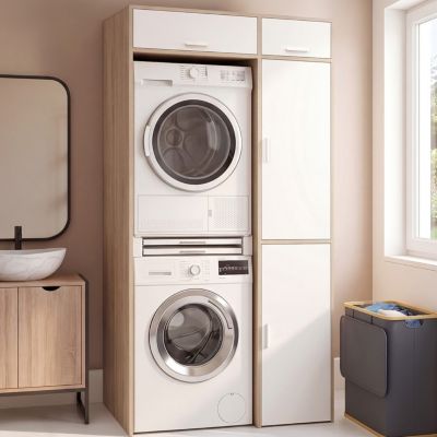 Meuble de buanderie machine à laver et sèche-linge superposés WALLIS avec armoire de rangement bois et blanc