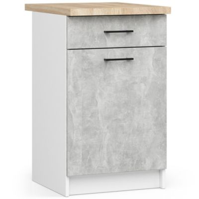 Meuble de cuisine bas AKORD S50 OLIWIA modulable Blanc 50 cm 1 porte 1 tiroir façade Béton 2 étagères 50x46x85 cm