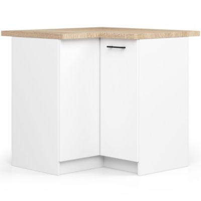 Meuble de cuisine bas AKORD S90 d'angle avec plan de travail OLIWIA Blanc 90 cm 2 portes façade Blanche 2 étagères 90x46x85 cm