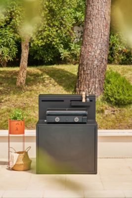 Meuble de cuisine extérieure pour plancha en acier noir avec comptoir bar Forge Adour