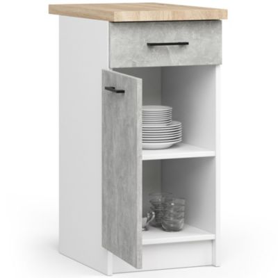 Meuble de cuisine sur pied : 1 tiroir, 1 porte, 2 étagères, blanc / béton, 40 x 85 x 46 cm