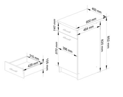 Meuble de cuisine sur pied : 1 tiroir, 1 porte, 2 étagères, blanc / béton, 40 x 85 x 46 cm
